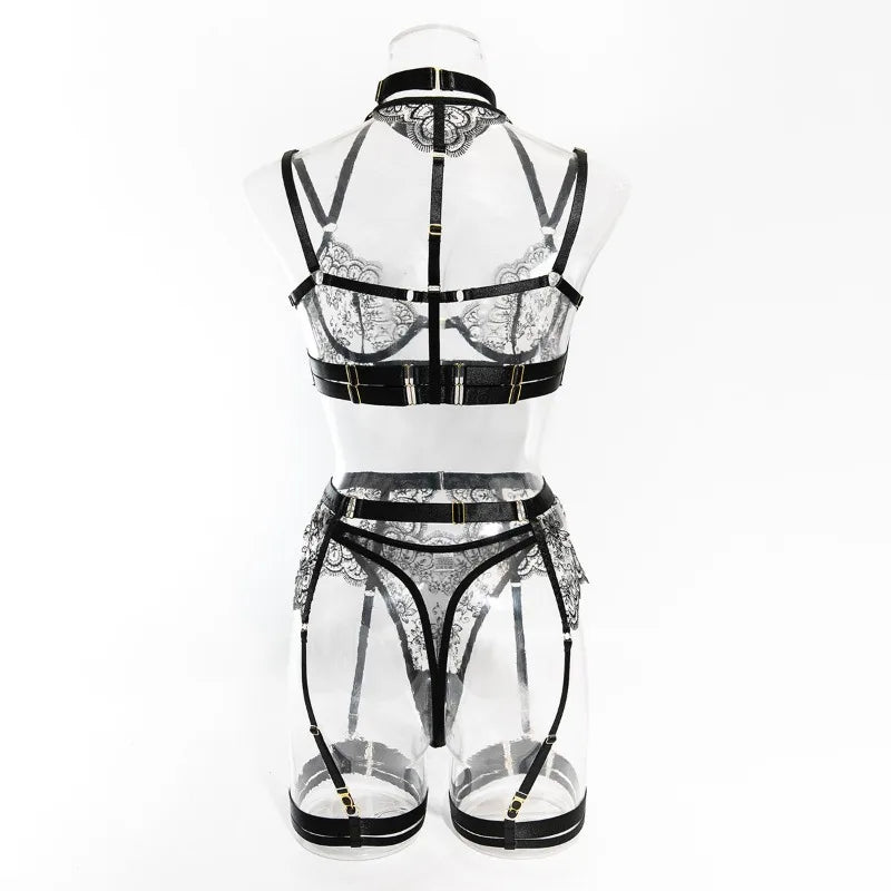 Sexy Lace Lingerie Set With Garter Belt Eyelash Underwire Bra Nude Illusion Strappy Sensual Costume Exotic Underwear Party Club