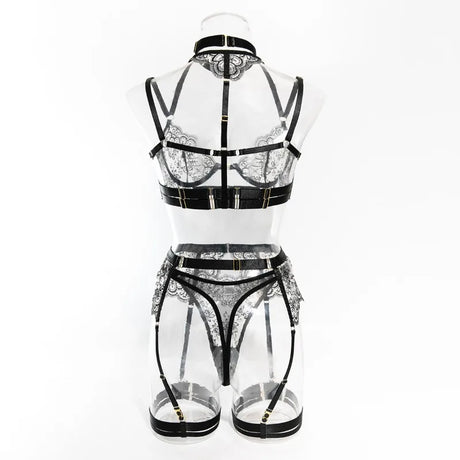 Sexy Lace Lingerie Set With Garter Belt Eyelash Underwire Bra Nude Illusion Strappy Sensual Costume Exotic Underwear Party Club
