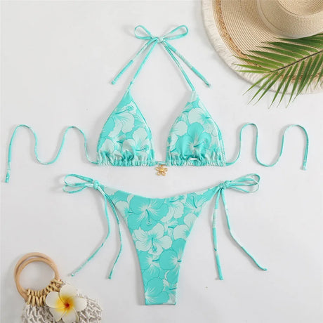 Blue Floral Print Swimwear Halter String Triangle Bikini Micro Mini Thong Sexy Swimsuit Women 2026 Bather Biquinis Bikinis Sets