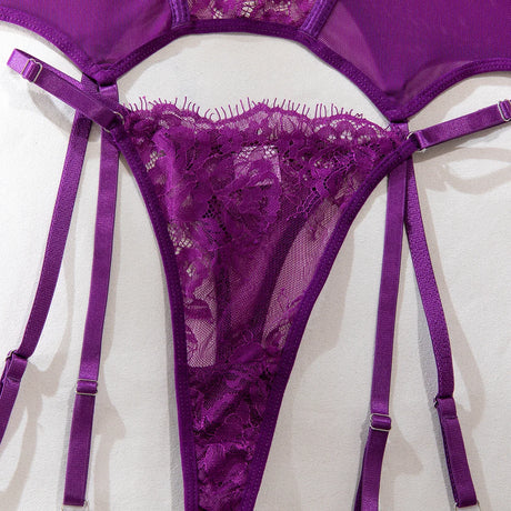 Sexy Purple Eyelash Lace Lingerie Set 3Pcs Mesh Transparent Fishbone Bustier Bra Panty with Stockings Sensual Underwear