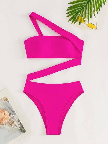 Cikini-One-Piece Swimsuit for Women, Strapless Straps, Slanted Shoulder, Beach Swimwear, Bathing Suit, Monochromatic, Summer