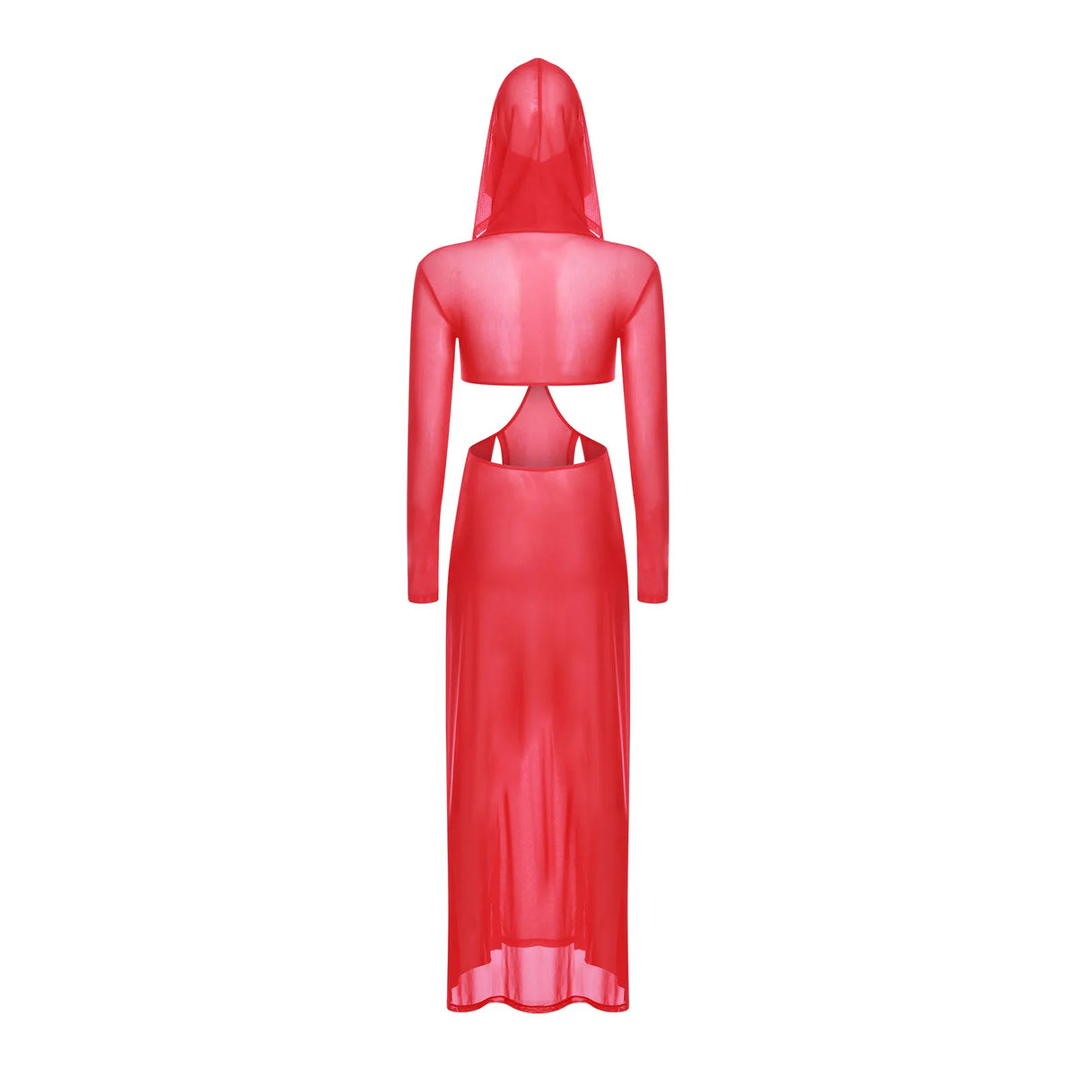 Women Wet Look Mesh Maxi Dress with Hooded Cosplay Sexy High Slit Lingerie Face Mask Long Sleeves Hollow Out Sheer Nightdress