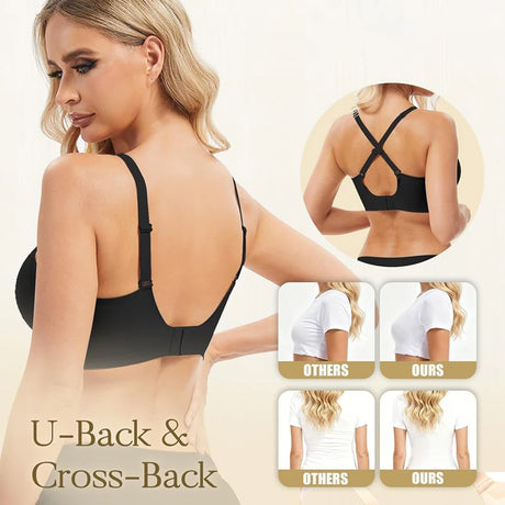 Jelly Wireless Bra Deep V Push Up Seamless T-Shirt Comfortable Plunge No Underwire Bras with Adjustable Straps Everyday Bras