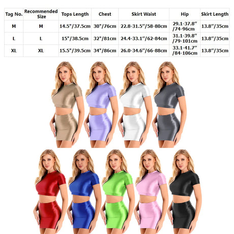 Womens Glossy Two-piece Outfit Oil Shiny Smooth High Waist Mini Skirt with Tank Top Nightclub Rave Outfit Pole Dancing Clubwear