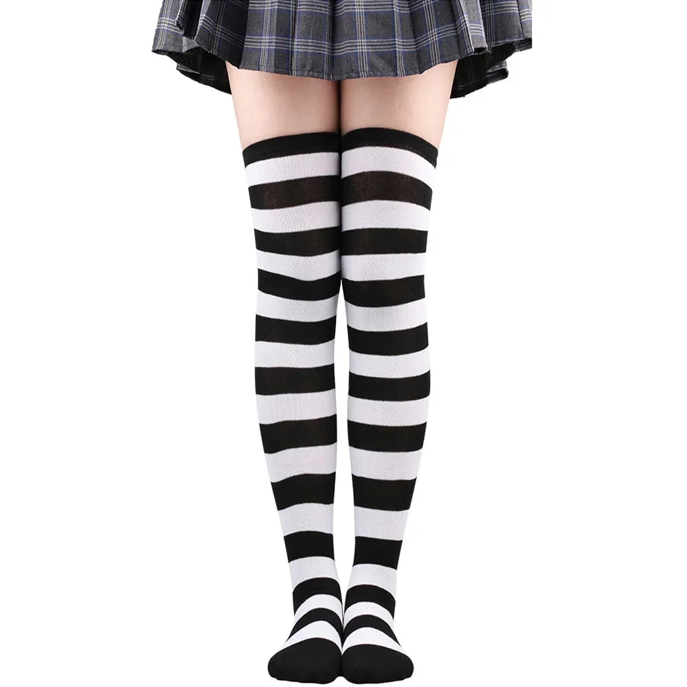 Thigh High Stockings Womens Striped Ladies Girls Black White Pink Long Over Above Knee Socks Femboy Cosplay Lolita Harajuku Y2k