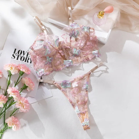 Floral Lingerie Set PushUp Bra Thong Sheer Mesh Underwear Breathable Lace Bralette Kits for Women