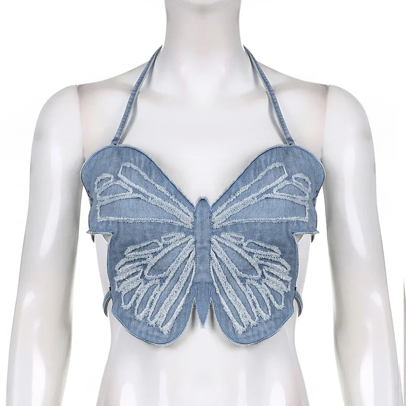 Hot Butterfly Jeans Crop Top Backless Strap Camis Sexy Lingerie Bow Bra Women Beach Mini Vest Butterfly Tank Tops Party Clubwear
