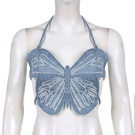 Hot Butterfly Jeans Crop Top Backless Strap Camis Sexy Lingerie Bow Bra Women Beach Mini Vest Butterfly Tank Tops Party Clubwear