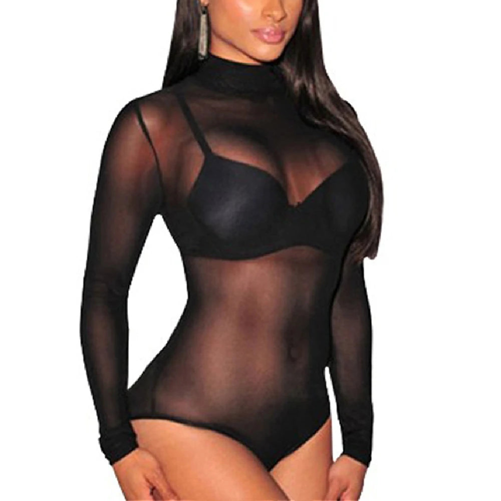 Sexy Women T Shirt See Through Mesh Black Long Sleeve Bodysuit Sheer Slim Turtleneck Tulle Crop Top T-Shirt Transparent Clubwear