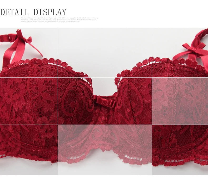French Red 1/2 Cup Sexy Bra Set Lace Flowers Embroidery Women Underwear Push Up Brassiere and Panties Garter 3 Pieces Sets