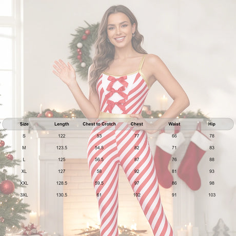 Christmas Candy Cane Women Cosplay Jumpsuit Gold Waistband Spaghetti Strap Romper Holiday Fancy Dress Xmas Themed Party Costume