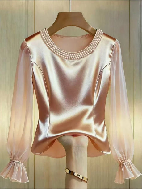 Pearl Beaded Round Neck Long Sleeve Blouse Satin Sheer Top For Women Elegant