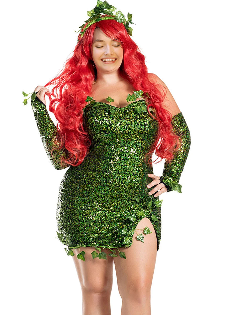 Women Green Ivy Halloween Cosplay Costume Party Deluxe Sleeveless Fake Leaves Strapless Sequin Mini Dress with Gloves Set