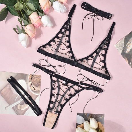 Ellolace Tempted Women's Lingerie Sets Erotic Bra Thong Leg Straps Delicate Sheer Outfit Sensual Intimate Sexy Women's Underwear