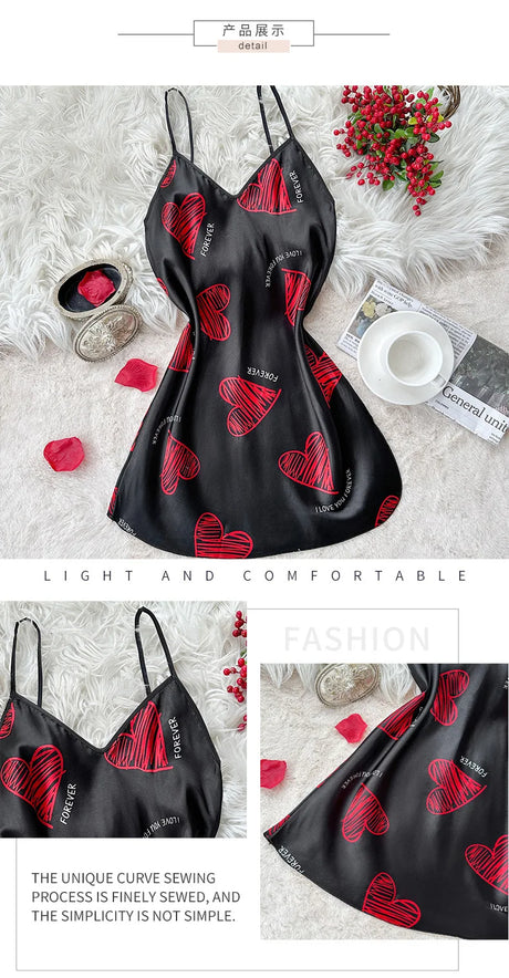Valentine's Day Red Lip Print Satin Slip Nightdress V Neck Backless Mini Sleep Dress Women's Sleepwear Dresses