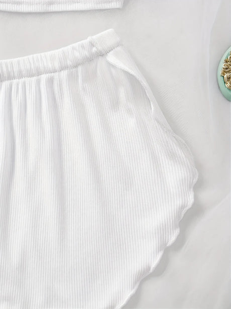 Women’s 2 Piece Solid Color Pajama Set, Square Neck Crop Cami Top and Ruffle Trim Split Shorts, Ribbed Sleepwear Loungewear