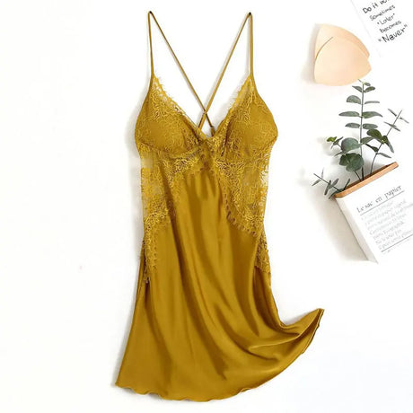 Women's Satin Lace Slip Nightdress V-Neck Spaghetti Strap Backless Chemise Sleepwear ElegantLingerie Dress for Bedroom Nightwear
