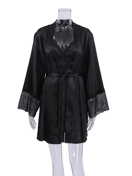 Pajama Sets Patchwork Lace Robe Sets With Bra Satin Sexy Underwear Set Woman 3 Pieces Sleepwear Sets Bathrobes 2023 Nightwear