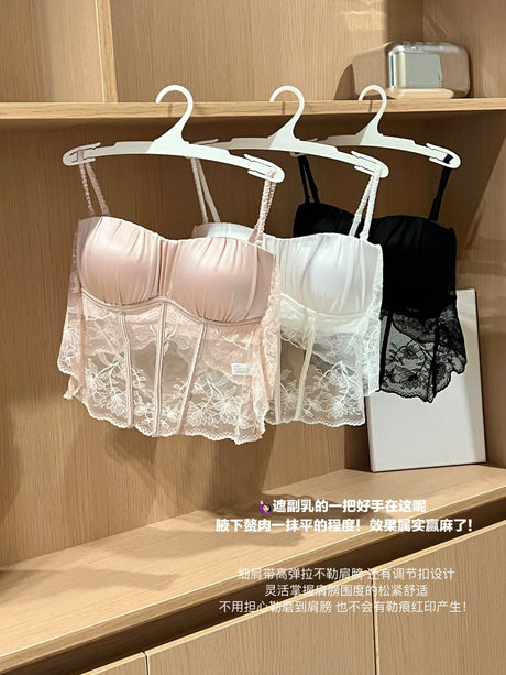 Women Elegant French Longline Lingerie, Lace Satin Wireless Bra, Push Up Sexy Open Back, Luxury Bridal Underwear Fit Small Bust