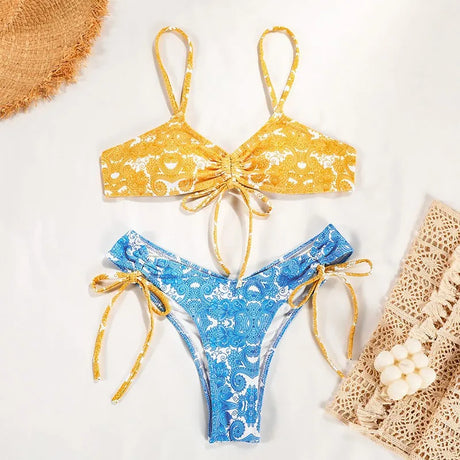 Swimwear Woman 2026 Bikini Floral Print Sleeveless Top Bikinis Tie Side Bottom Swimsuit High Cut Adjustable Straps Two Piece