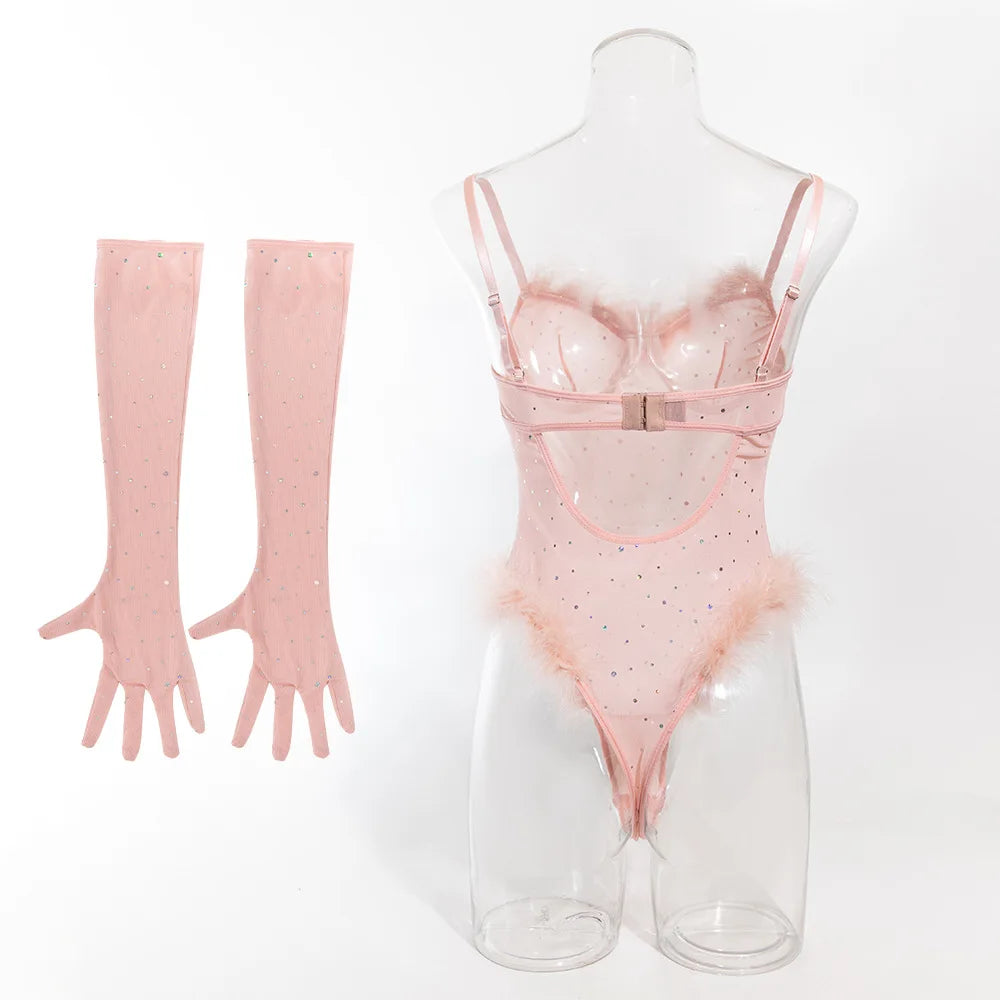 Women's Lingerie Bodysuit Rhinestone Mesh Feather Trim Sheer Teddy With Gloves Set Sleepwear Nightwear Party Clubwear Outfit