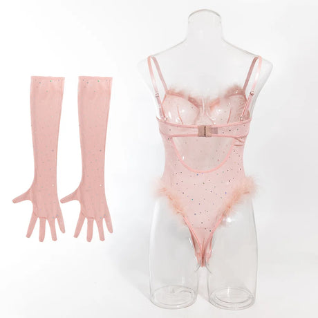 Women's Lingerie Bodysuit Rhinestone Mesh Feather Trim Sheer Teddy With Gloves Set Sleepwear Nightwear Party Clubwear Outfit