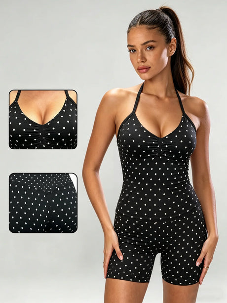 Polka Dot Yoga Set Halter Sports Bra High Waist Booty Shorts Push Up Gym Outfit for Running Fitness