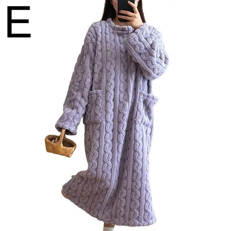 Winter Long Sleeve Double Pocket Flannel Nightgowns Women Loose Solid Sleepwear Jacquard Night Dress Thickened Warm Nightdress