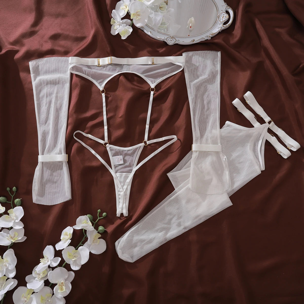 Ellolace Willowy Sexy Lingerie Exclusive Strapless Half Cup Bodysuit Seductive Open Crotch 5PC Body Set See Through Dancer Kit