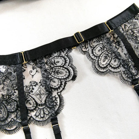 Sexy Lace Lingerie Set With Garter Belt Eyelash Underwire Bra Nude Illusion Strappy Sensual Costume Exotic Underwear Party Club
