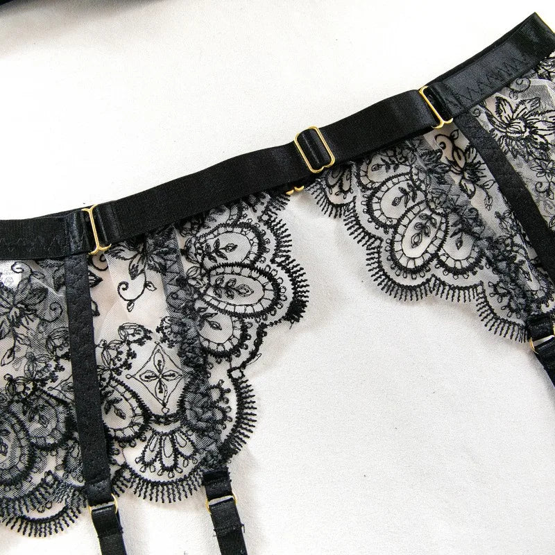 Sexy Lace Lingerie Set With Garter Belt Eyelash Underwire Bra Nude Illusion Strappy Sensual Costume Exotic Underwear Party Club