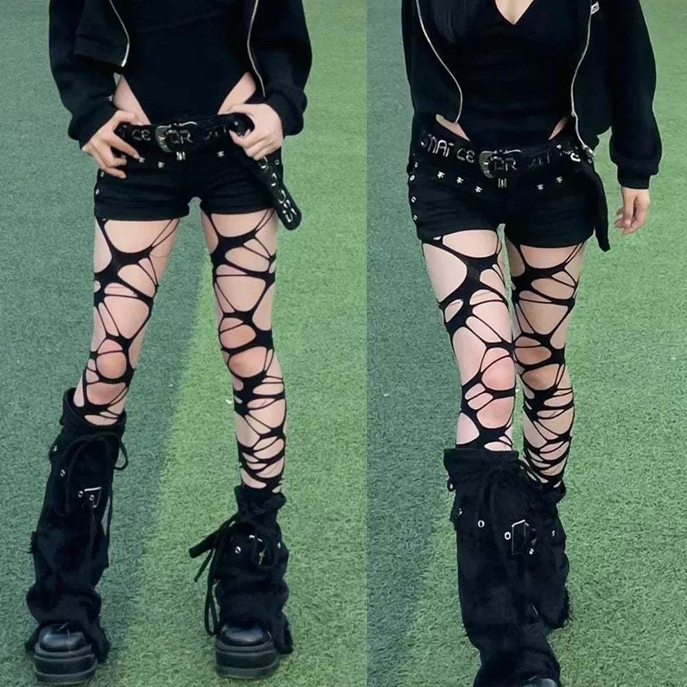 Punk Hollow Fishnet Stockings for Women Spider Web Torn Strap Holes Tights Girls Lolita Ragged Pantyhose Party Socks Pantyhose