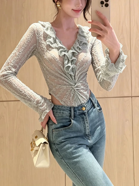 Sisterlinda Fashion Patchwork Bodysuits Women Autumn Trend Ruched Deep V-Neck Full Sleeve Midnight Party Club Hottie Simple Top