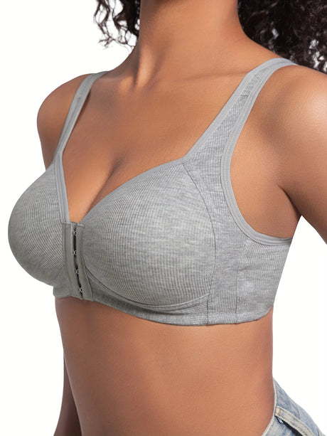 Women's Bra Wire-Free Front Closure Solid Color Full Coverage Fixed Cups More Considerate for Middle-Aged And Elderly Individual