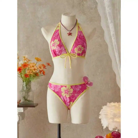 Women European American Sexy Three Piece Bikini Swimwear Set Floral Print Tie Up Swim Skirt Beach Bathing Suit