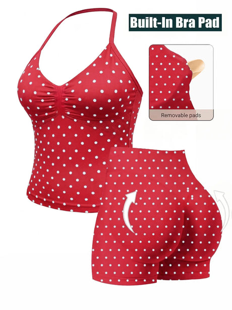 Polka Dot Yoga Set Halter Sports Bra High Waist Booty Shorts Push Up Gym Outfit for Running Fitness