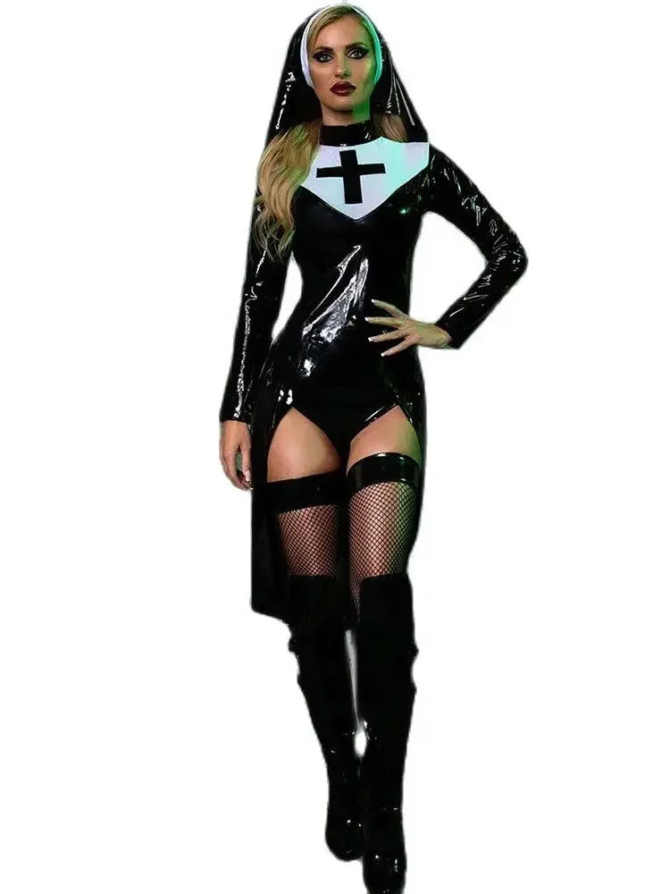 Saintlike Seductress Costume Sexy Vinyl Nun Halloween Costume Fancy Dress