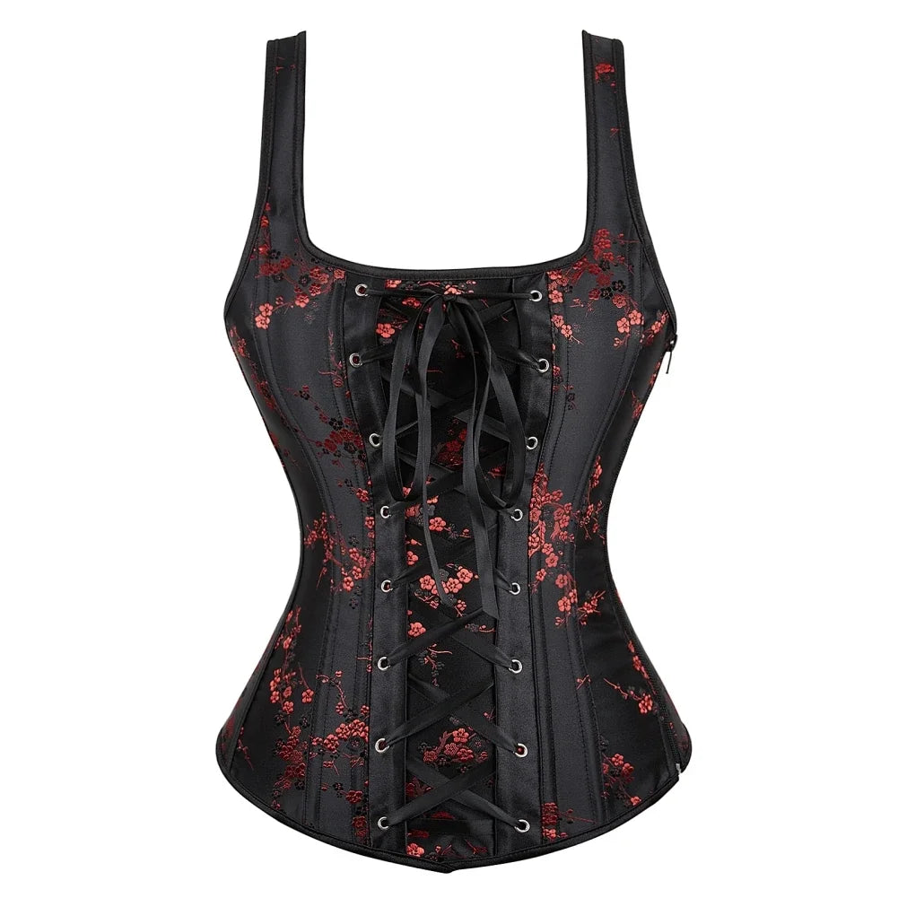 Gothic Corset Top With Straps Sexy Floral Zipper Brocade Overbust Lingerie Burlesque Body Shaper Lace Up Bustier Plus Size