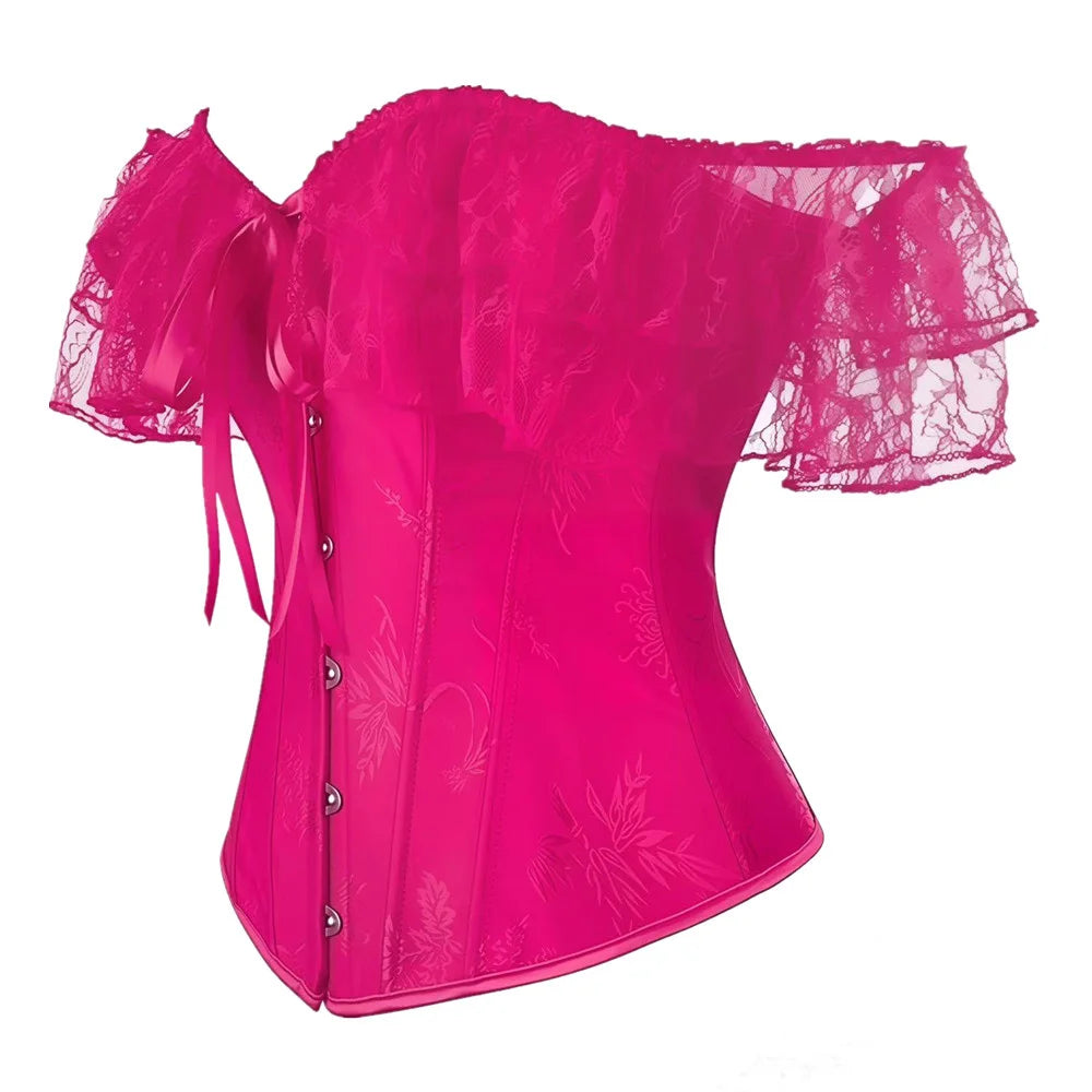Women Sky Blue Retro Jacquard Corset Tops Lace Short Sleeved One Shoulder Sexy Slimming Shaper Overbust Bustiers Lingerie