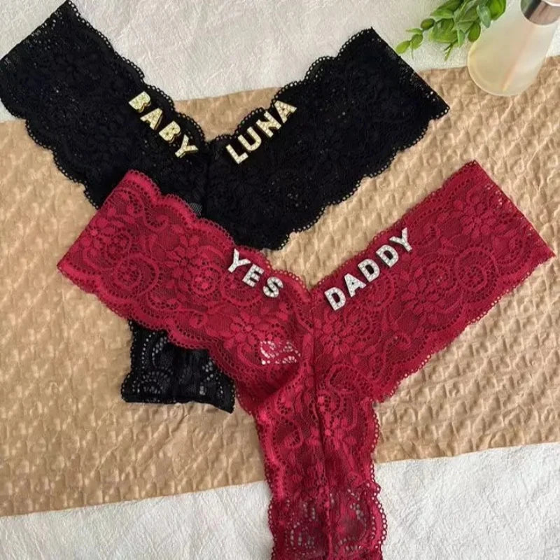 Personalized Text Custom Thong Customization Name Crystal Letters Panties Sexy Lace Underpants for Woman Wife Girlfriend Gift