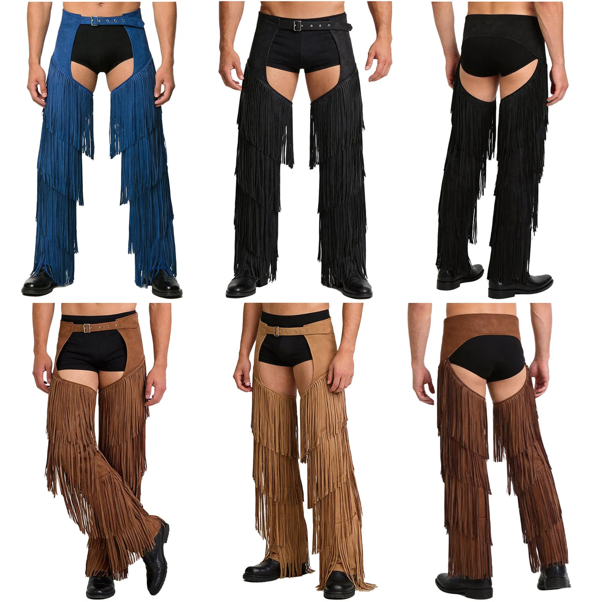 Mens Western Cowboy Chaps Fuax Suede Tassel Hollow Out Open Crotch Long Pants Adjustable Buckles Waist Motorcycle Biker Trousers