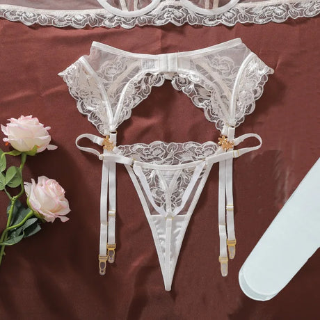 Women's Burgundy Lace Lingerie Set Underwire Bra Thong Panty Garter Straps Stockings Floral Embroidery Sexy Underwear Outfit
