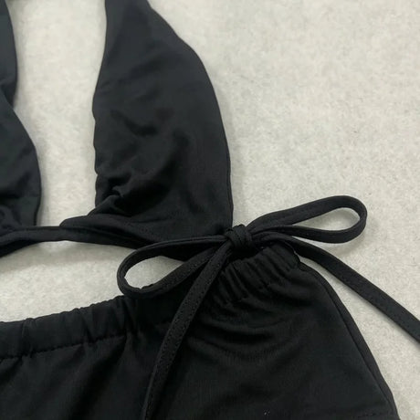 Personality Leisure Vacation Black Metal Design Swimsuit Suit Beach Joker Swimsuit Fashion Sexy Triangle Shorts Bikini Top
