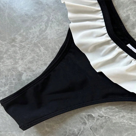 Black White Bandeau Bikini Set Ruched Top Ruffle Bottom Women Beach Swimsuit