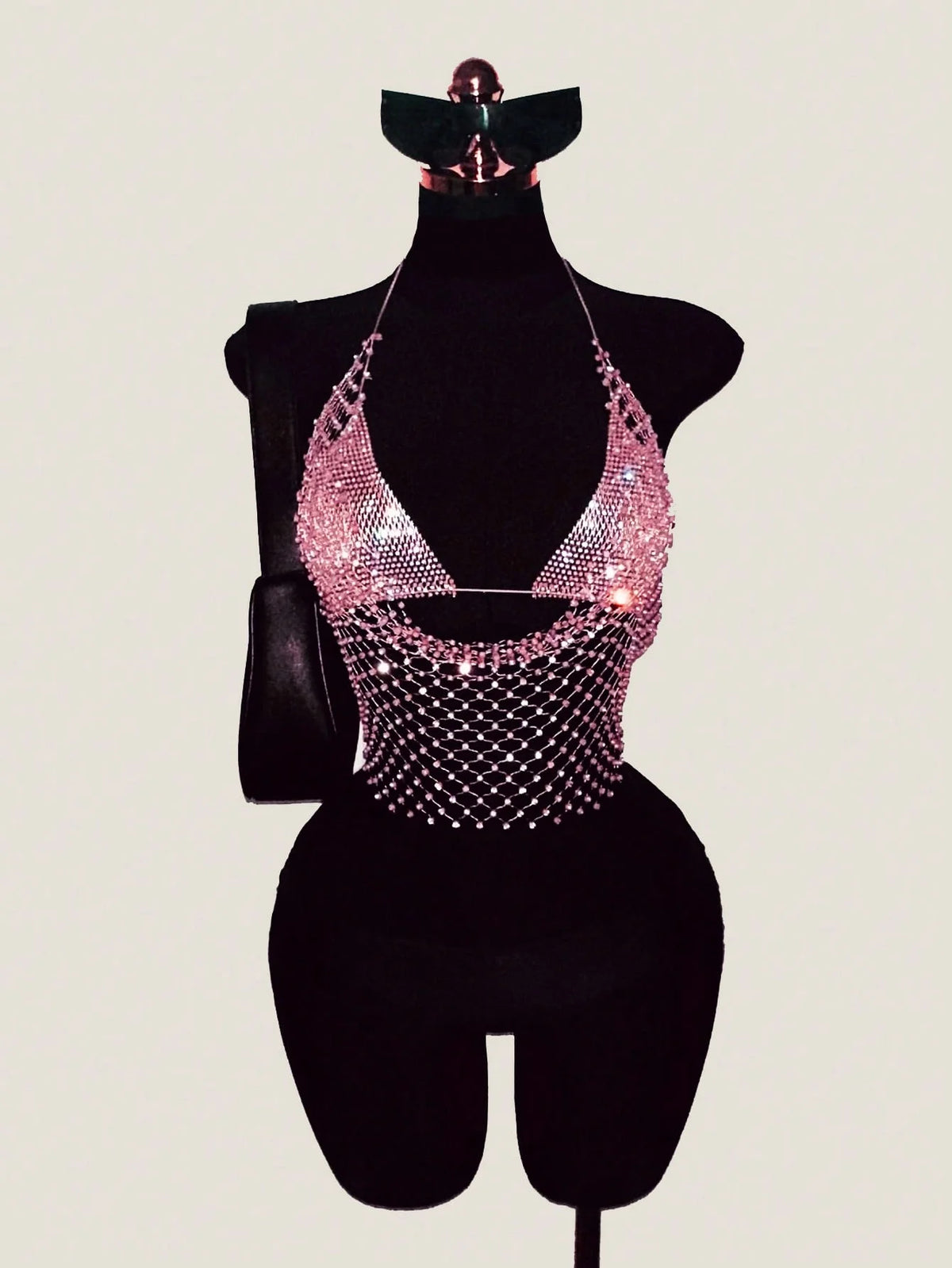 ling Pink Crystal Net Vest with Sequins Women Deep V Neck Dance Clubwear Trendy Fashion for Nightclub Bikini Cover Up