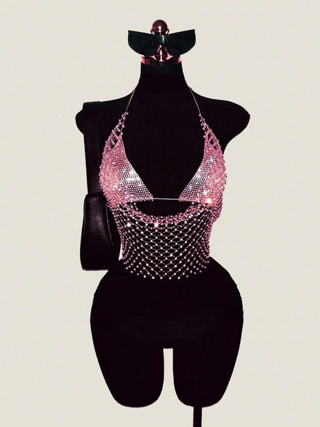 ling Pink Crystal Net Vest with Sequins Women Deep V Neck Dance Clubwear Trendy Fashion for Nightclub Bikini Cover Up