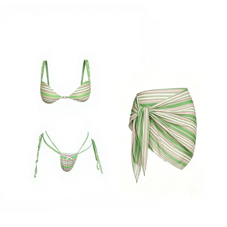 With Sarong Striped Bikini Female Swimsuit Women Swimwear Bather Bathing Suit Swim Three-pieces Bikini Set Strappy Padded K8453