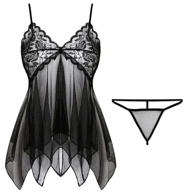 Tulle Suspenders Exquisite Women's Lencerias Lace V-Neck Underwear Semi-transparent Thong Dress Set Females Lingerie Nightgowns