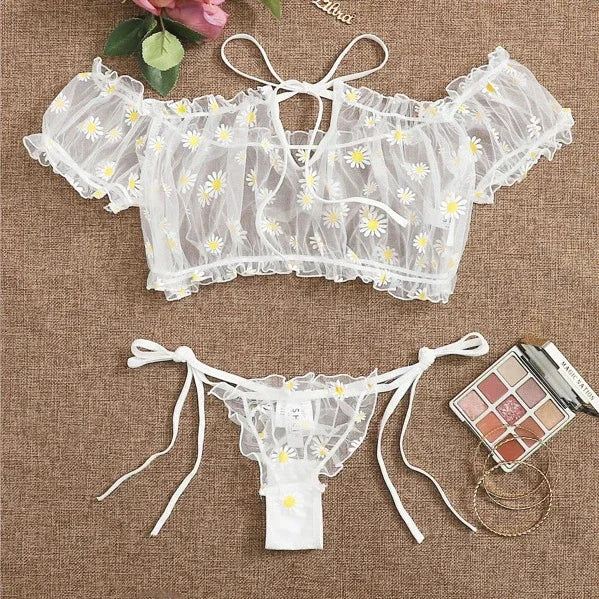 Porn Suit Women Sexy Lingerie Underwear Lace Floral Embroidery Off-Shoulder Transparent Tops Bra+Thong Set Exotic Outfits