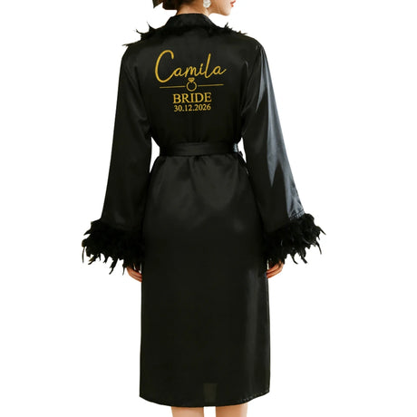 Personalized Name Date Wedding Feather Bride Robe Bridesmaid Bathrobe Nightwear Long Elegant Woman Gown Sexy Nightgown for Party